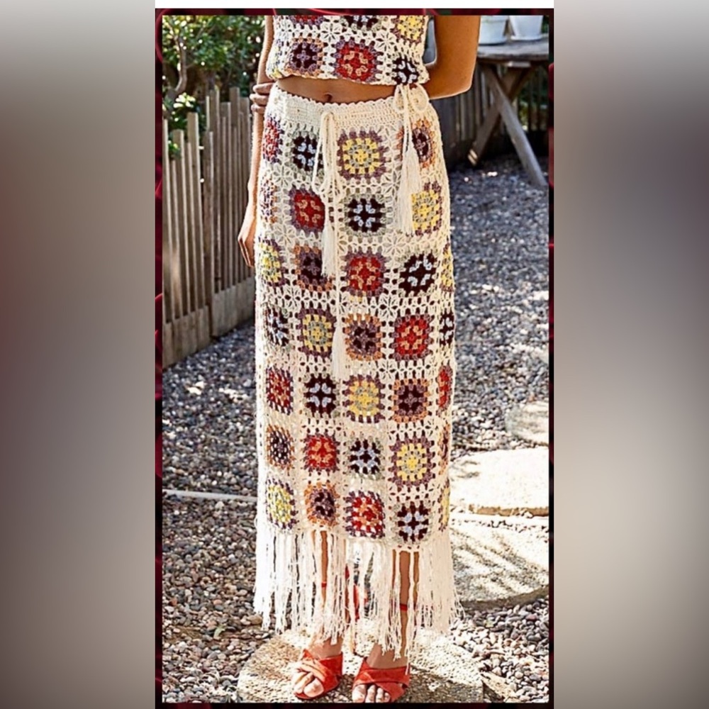Vici collection Bohemian Crochet Maxi Skirt cover up - Multicolor